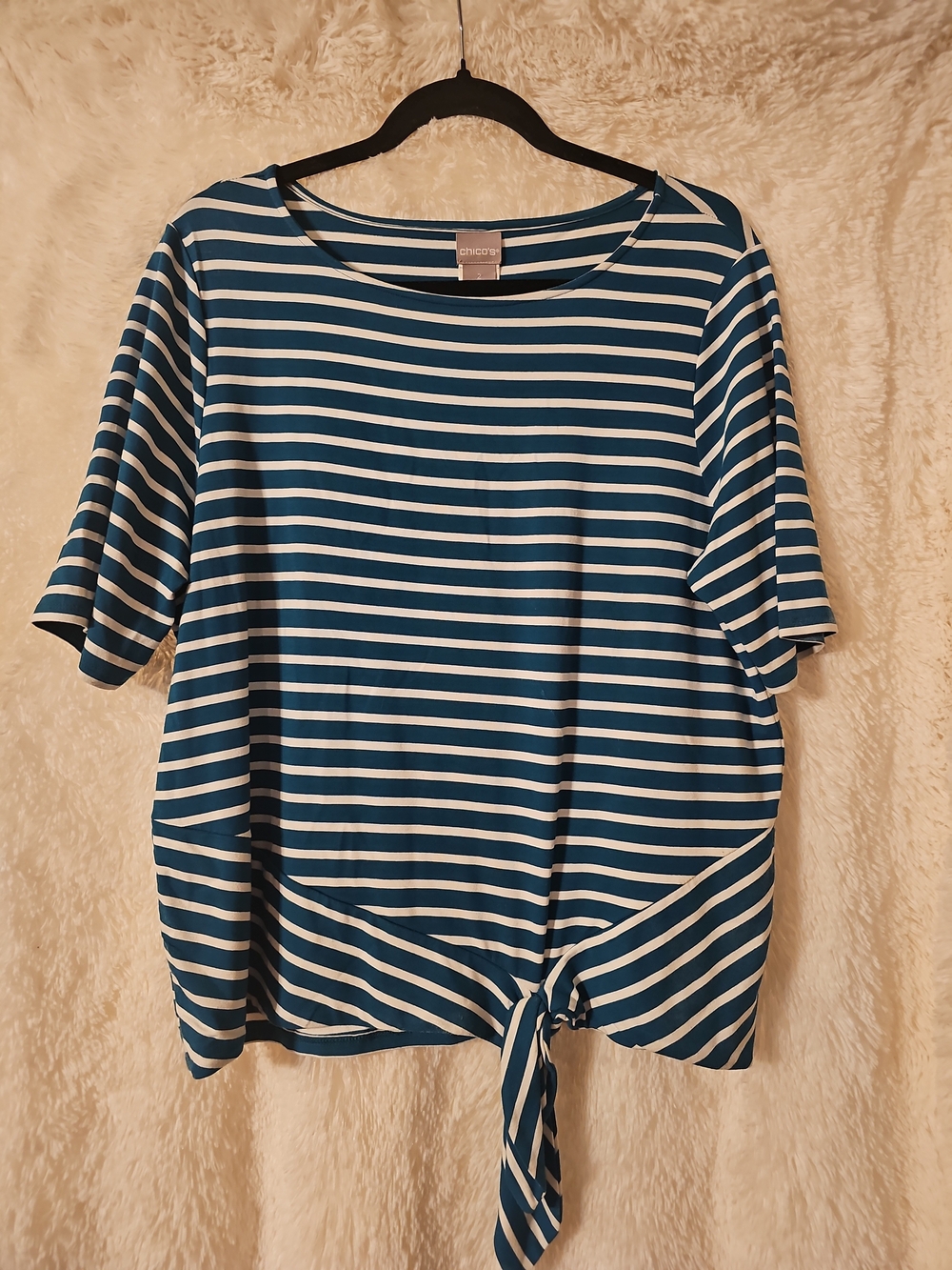 Chico's Teal and White Striped Tie-Front Short Sleeve Super Soft Like Butta' Top